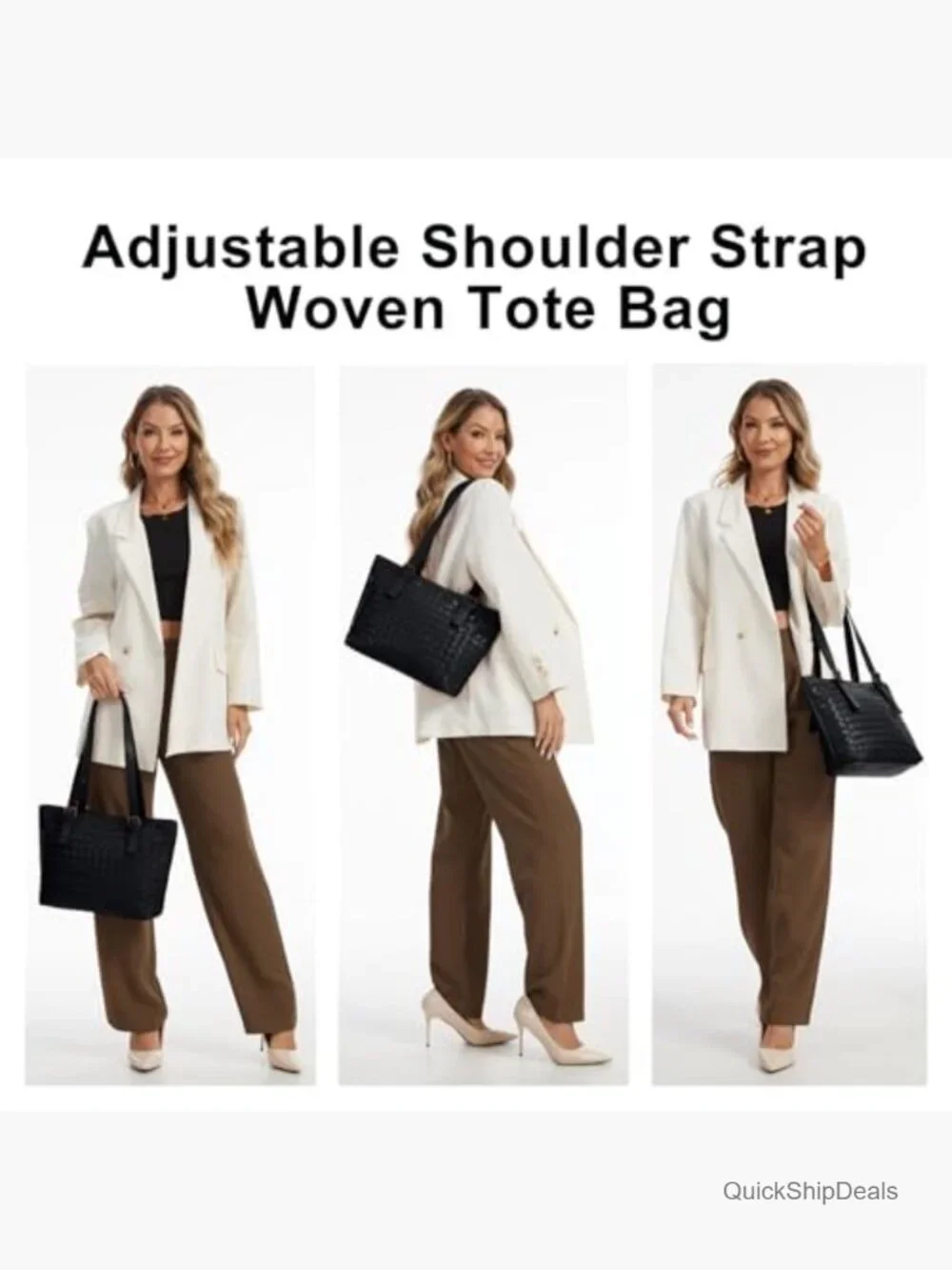 Large Woven Faux Leather Hobo Tote Bag with Adjustable Strap